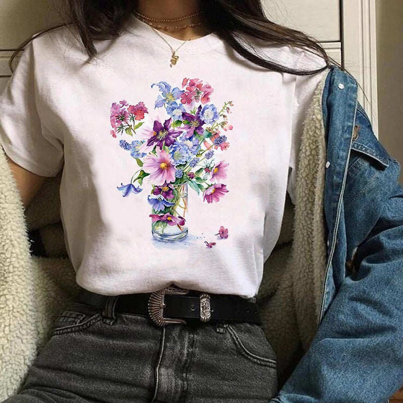 2023 Fashion Flowers Urban Shrimp Crewneck Printed White T-Shirt Short Sleeve Women'S - Image 1