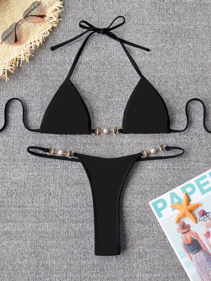 TASHEHE Women's Triangle Thong Bikini Set Sexy String Brazillian Two Piece Swimsuit Cute Bikini Bathing Suit - Solid Black - Small - Image 5