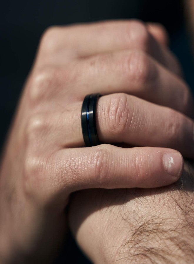 Greenpod خاتم رجالي من التنجستن الأسود من جرينبود، 8 مم، بحافة مشطوفة ونقش أزرق رفيع، محفور عليه عبارة "أحبك"، مقاس 10، تصميم مريح - Image 5