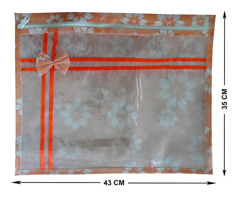 DIKHAWA Set of 10 Pcs Flower Design Non Woven Single Saree Cover Packing Bag with Zip Combo (Orange) - Image 2