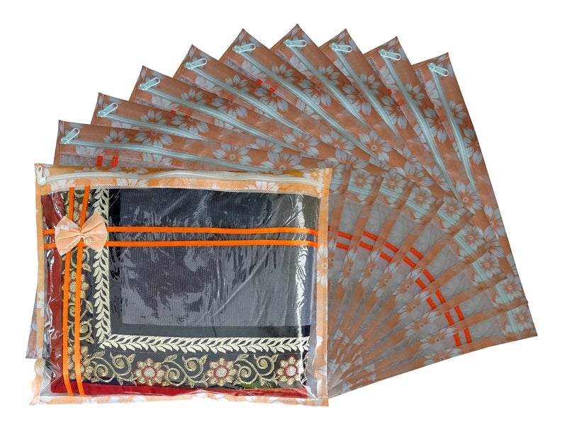 DIKHAWA Set of 10 Pcs Flower Design Non Woven Single Saree Cover Packing Bag with Zip Combo (Orange) - Image 5