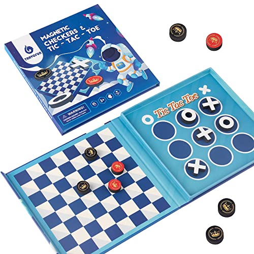 Travofun 2in1 Travel Checkers and Tic Tac Toe Game for Kids Ages 812 Magnetic Checkers Board Game Foldable Road Trip and Plane Activities - Image 1