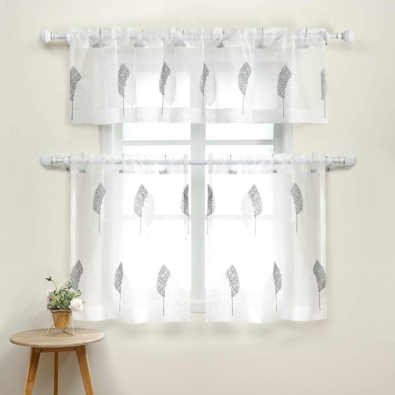 VOGOL Embroidered Sheer Curtain Tier Valance Set for Living Room White Rod Pocket Sheer Window Curtain Tier Pair 3 Pieces Grey and White Leaves