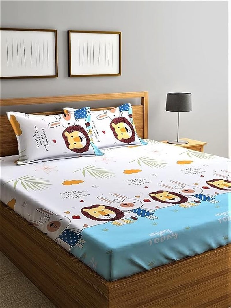 TIB Polycotton Printed Bedsheets for Double Bed with 2 Pillow Covers for Kids (Beige) - Image 1