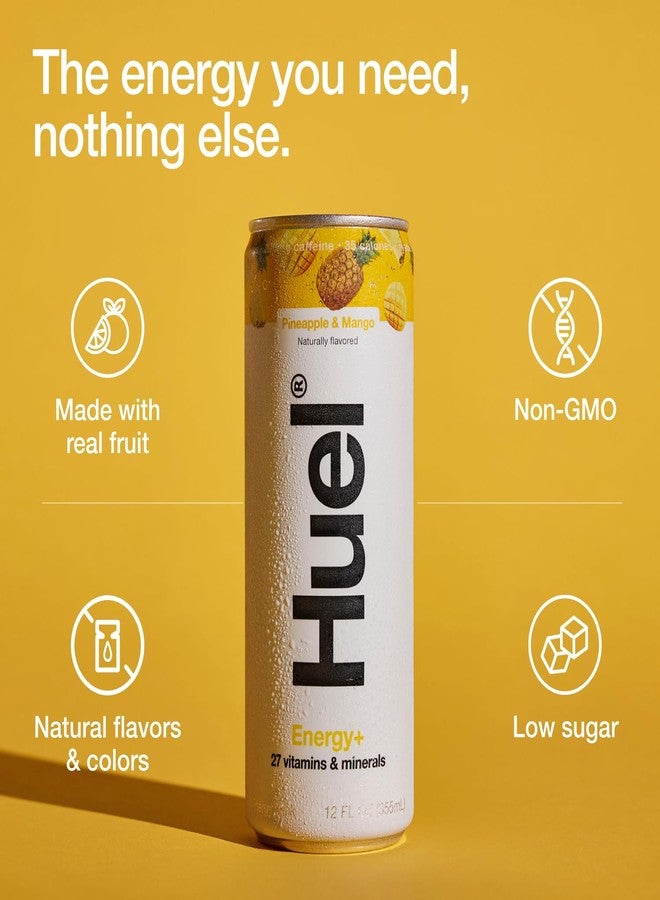 Huel Energy+ | Pineapple & Mango Energy Drink | Refreshing Plant-Based Drink with Real Fruit | 200mg of Caffeine and 27 Vitamins & Minerals | 35 Calories per 12 FL Oz, 12 Pack - Image 4