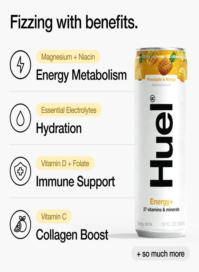 Huel Energy+ | Pineapple & Mango Energy Drink | Refreshing Plant-Based Drink with Real Fruit | 200mg of Caffeine and 27 Vitamins & Minerals | 35 Calories per 12 FL Oz, 12 Pack - Image 3