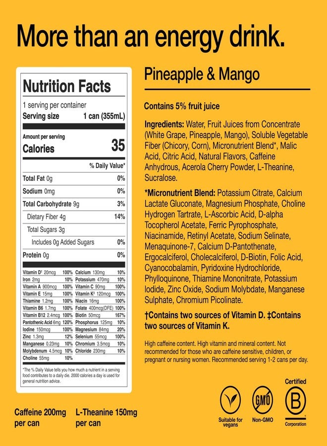 Huel Energy+ | Pineapple & Mango Energy Drink | Refreshing Plant-Based Drink with Real Fruit | 200mg of Caffeine and 27 Vitamins & Minerals | 35 Calories per 12 FL Oz, 12 Pack - Image 2