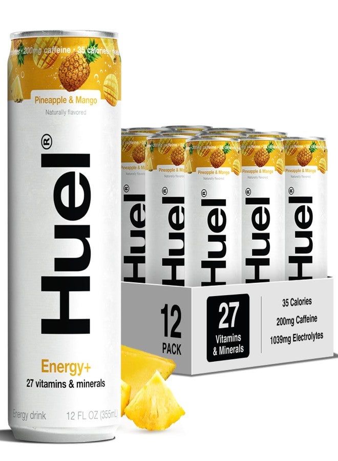 Huel Energy+ | Pineapple & Mango Energy Drink | Refreshing Plant-Based Drink with Real Fruit | 200mg of Caffeine and 27 Vitamins & Minerals | 35 Calories per 12 FL Oz, 12 Pack - Image 1