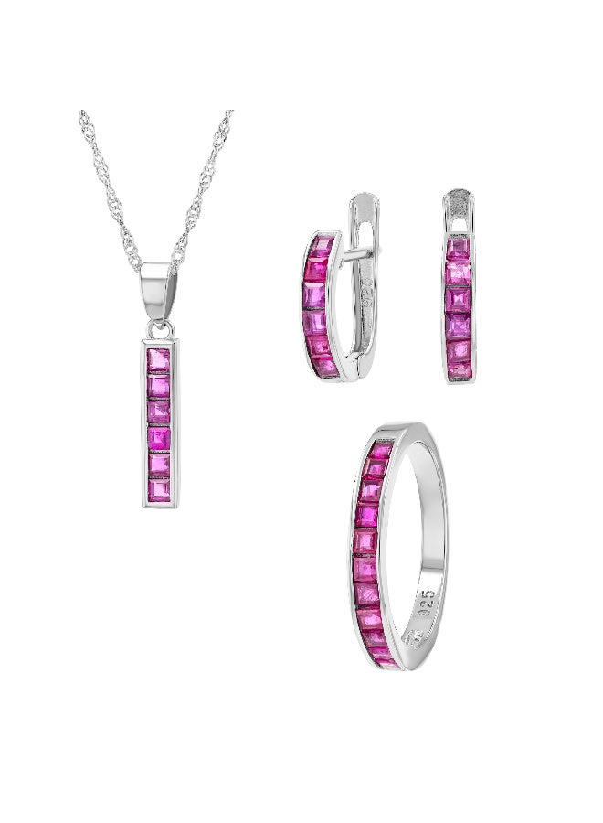 Genuine Ruby 925 Silver Jewelry Set – Ring, Pendant & Earrings Brilliant Oval & Round Cut