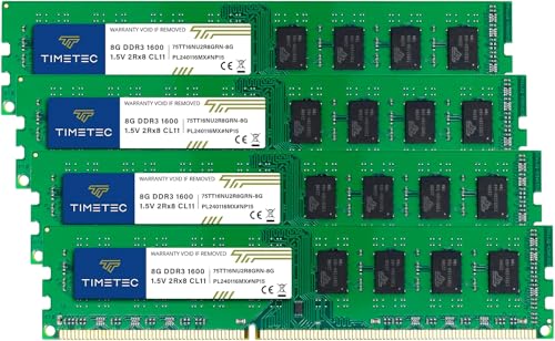 Timetec 32GB KIT4x8GB DDR3 1600MHz DDR31600 PC312800 PC312800U NonECC Unbuffered 15V CL11 2Rx8 Dual Rank 240 Pin UDIMM Desktop PC Computer Memory RAMSDRAM Module Upgrade - Image 1