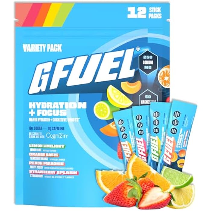 G Fuel Electrolytes Powder for Instant Hydration and Focus | Sugar Free Electrolytes Variety Pack of Lemon, Orange, Peach, Strawberry, Nootropic Drink Mixes to Sharpen Mental Focus, 12 Servings - Image 1