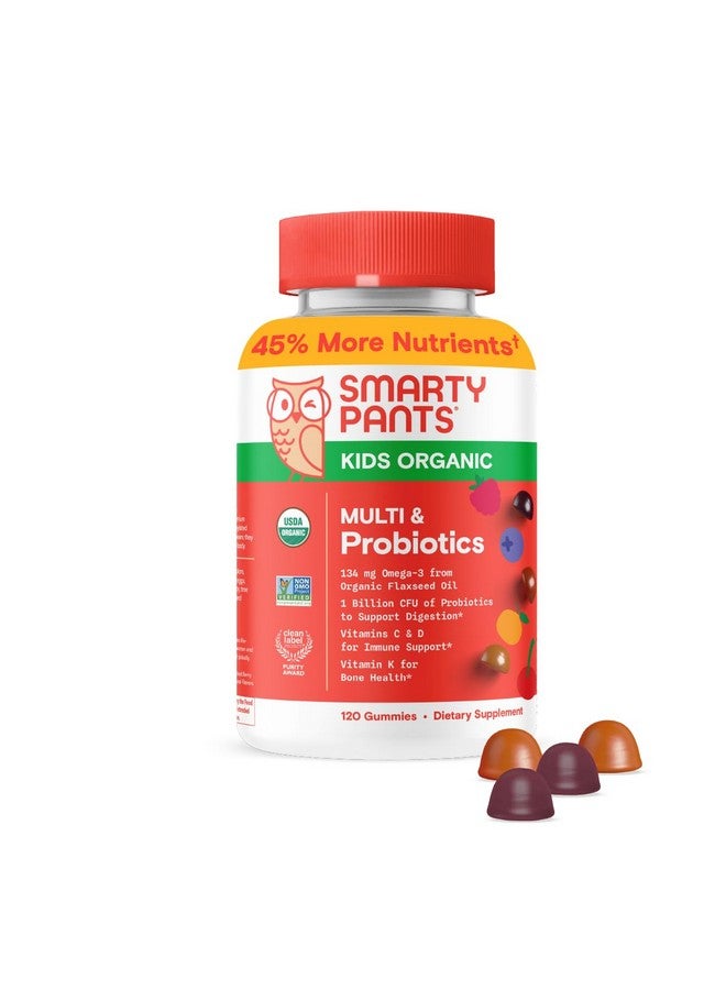 SmartyPants SmartyPants Organic Kids Multivitamin Gummies: Probiotics, Omega 3 (ALA), Vitamin D3, C, Vitamin B12, B6, A, K & Zinc for Immune Support, Biotin, Three Fruit Flavors, 120 Count (30 Day Supply) - Image 1