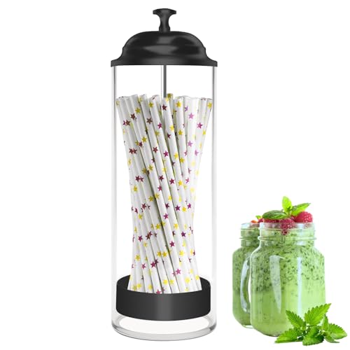 Mevtok Straw Holder for Standard Size Drinking Straws, Acrylic Plastic Straw Dispenser for Counter with Lid Black(Straws Not Include) - Image 1