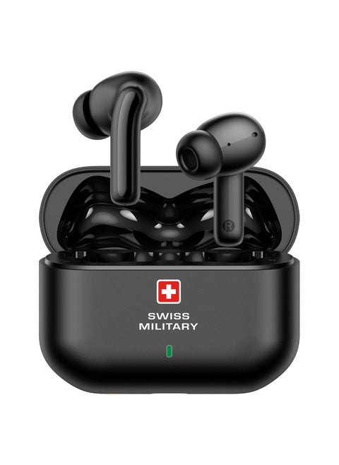 Swiss Military Delta 3 True Wireless Earbuds with ANC, Deep Bass, HD Audio & Calls, Type-C Charging, Auto Pairing & Wireless Charging Case, Compatible with iPhone/Samsung & Other devices - Black