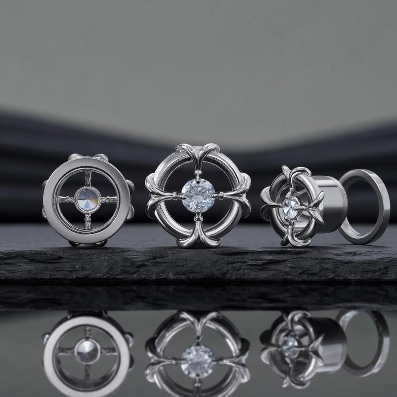 COOEAR Screw Back Stainless Steel Tunnels and Plugs, Geometric Lines with Crystal Design Piercing Expander Stretchers 0g(8mm). - Image 5