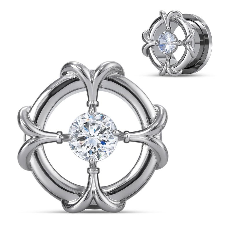 COOEAR Screw Back Stainless Steel Tunnels and Plugs, Geometric Lines with Crystal Design Piercing Expander Stretchers 0g(8mm). - Image 1