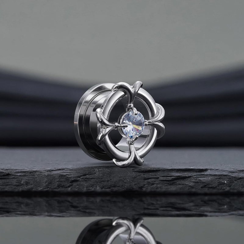 COOEAR Screw Back Stainless Steel Tunnels and Plugs, Geometric Lines with Crystal Design Piercing Expander Stretchers 0g(8mm). - Image 3