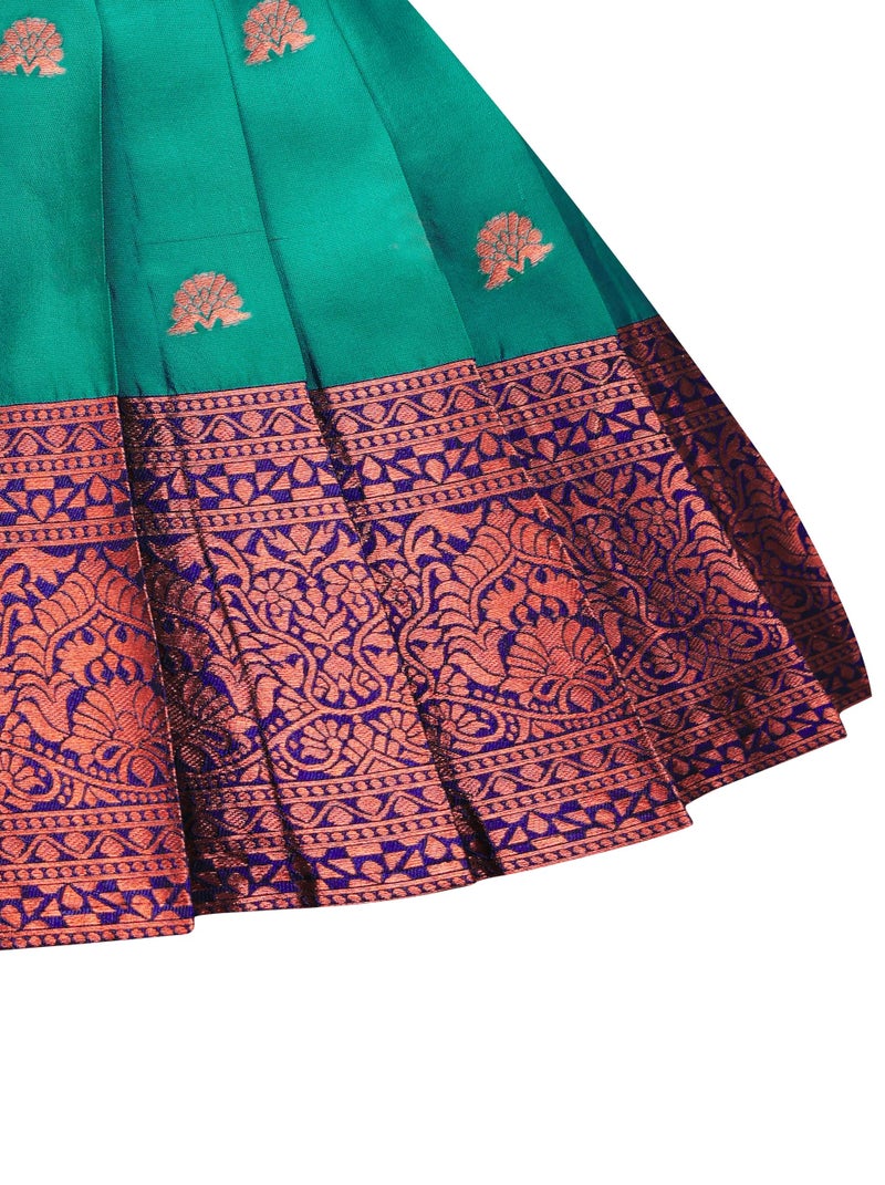 Suzvan Baby Girls South Indian Traditional Pattu Pavadai Jacquard Silk Lehenga Choli (Rama, 2-3 Years) - Image 3