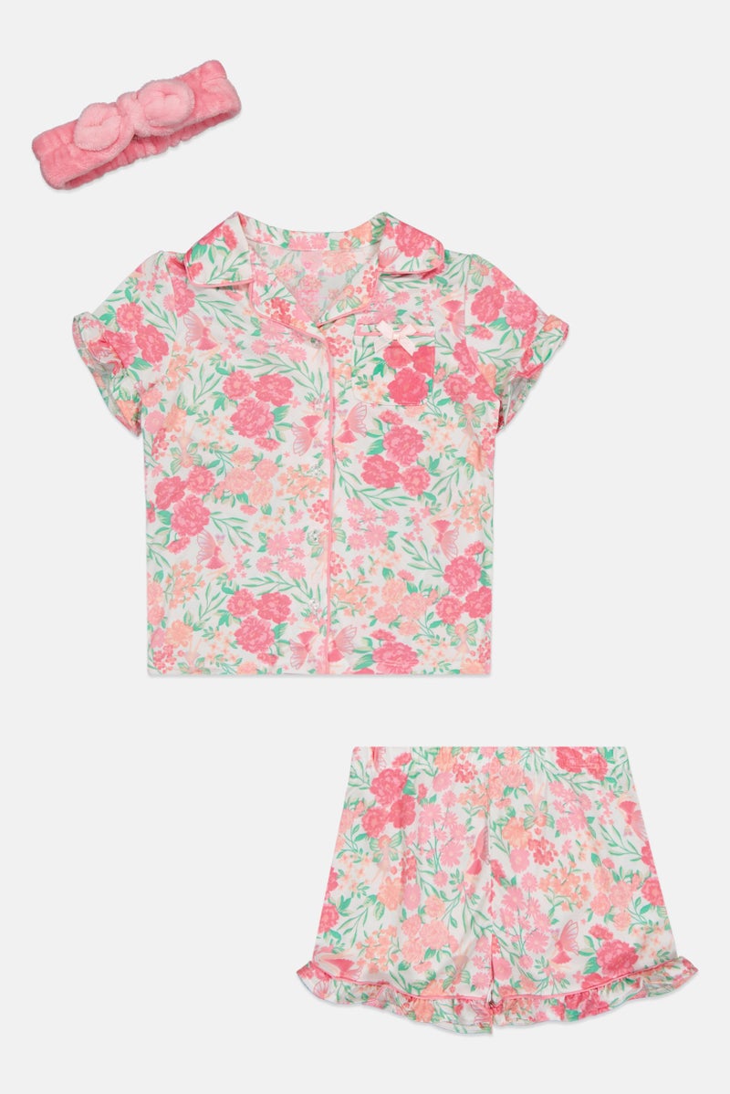 Betsey Johnson Toddlers Girl 3 Pieces Floral Print Pyjama Set With Headband, Multicolor - Image 1