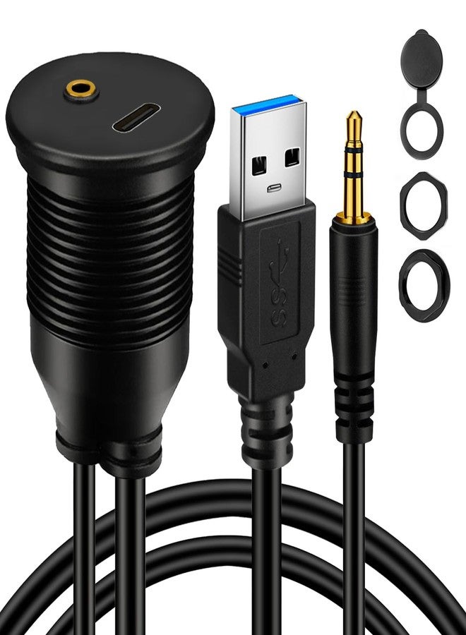 BATIGE USB 3.0 Male to USB C 3.0 Female & 3.5mm Male to Female Car Mount Flush Cable AUX Extension Dash Panel Waterproof Mount Cable for Car Boat and Motorcycle 1ft - Image 1