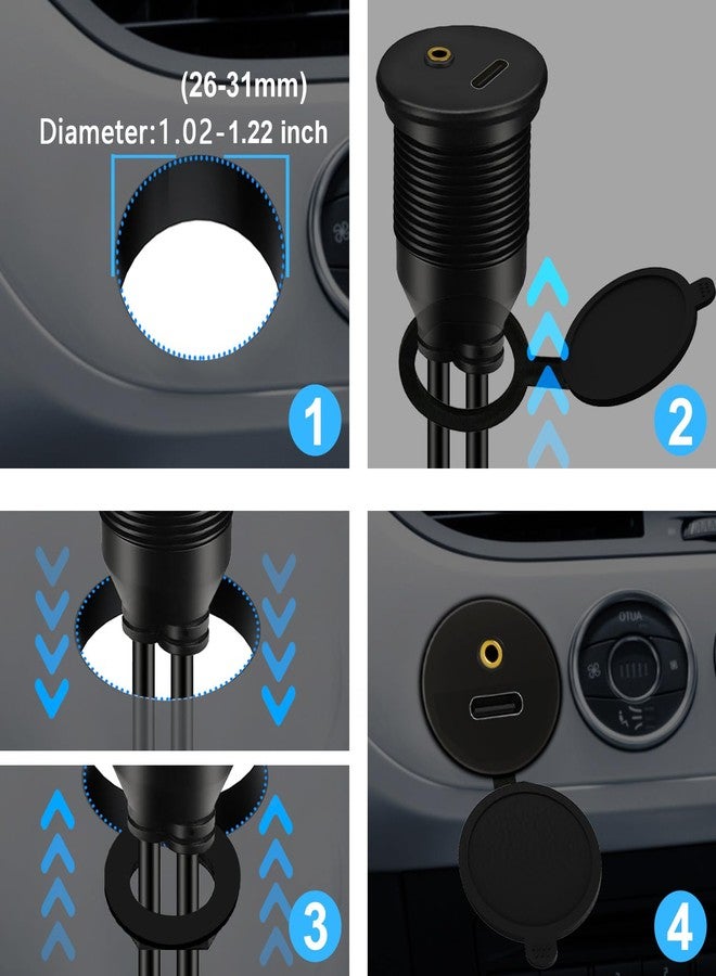 BATIGE USB 3.0 Male to USB C 3.0 Female & 3.5mm Male to Female Car Mount Flush Cable AUX Extension Dash Panel Waterproof Mount Cable for Car Boat and Motorcycle 1ft - Image 5