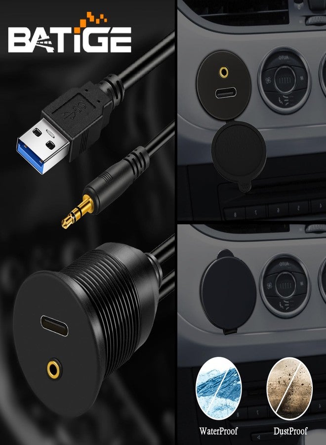 BATIGE USB 3.0 Male to USB C 3.0 Female & 3.5mm Male to Female Car Mount Flush Cable AUX Extension Dash Panel Waterproof Mount Cable for Car Boat and Motorcycle 1ft - Image 2