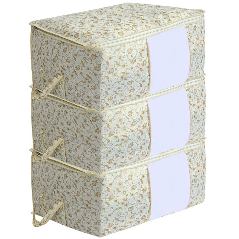 Kuber Industries Metalic Print 3 Pieces Non Woven Under Bed Storage Bag Brown CTKTC02722 - Image 1