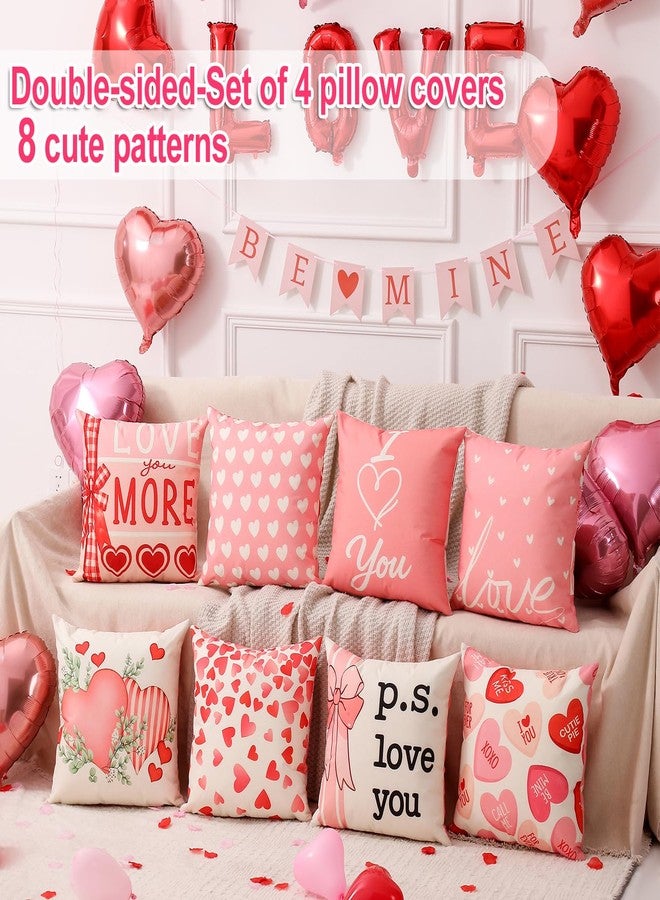 multiwins Valentine Decorations Set of 4 Double-Sided Valentine's Day Pillow Covers 18" x 18", Reversible 8 Designs, with 16 pcs Heart & Love Balloons, Stickers, Complete Valentines Decor Kit - Image 4