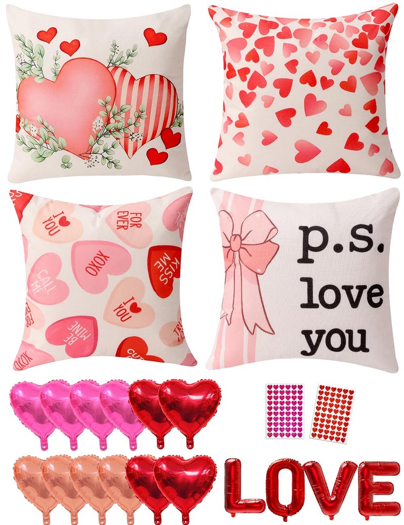multiwins Valentine Decorations Set of 4 Double-Sided Valentine's Day Pillow Covers 18" x 18", Reversible 8 Designs, with 16 pcs Heart & Love Balloons, Stickers, Complete Valentines Decor Kit - Image 1