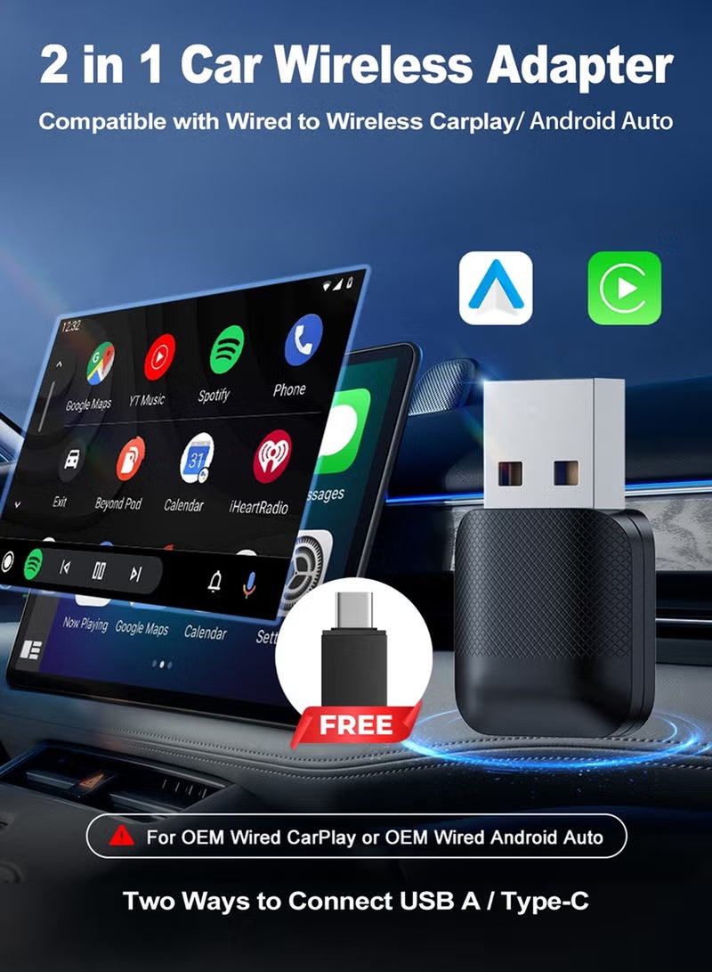 KORAX 2-in-1 Wireless CarPlay & Android Auto Adapter, Plug & Play CarPlay Dongle Converts Wired to Wireless, Fast Auto-Connect, No Delay, Compact Design for iPhone & Android with USB/USB-C Port(Black) - Image 1