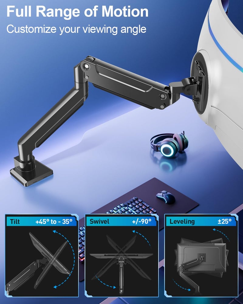 MOUNT PRO Heavy Duty Monitor Arm for Max 49 Inch Ultrawide Screens up to 44 lbs, Aluminum Premium Single Monitor Mount for Samsung Odyssey G9 and More, Adjustable Display Desk Stand, VESA 100x100mm - Image 4