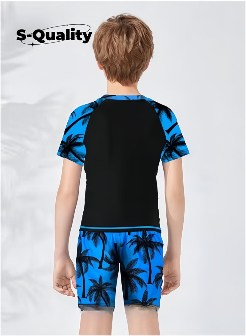 جودة مجموعة ملابس سباحة للأولاد مكونة من قطعتين تتضمن شورتات سباحة وتيشيرت قصير الأكمام مناسبة للأطفال الصغار سريعة الجفاف ملابس سباحة للتدريب مناسبة للشاطئ وفصل الصيف - Image 4