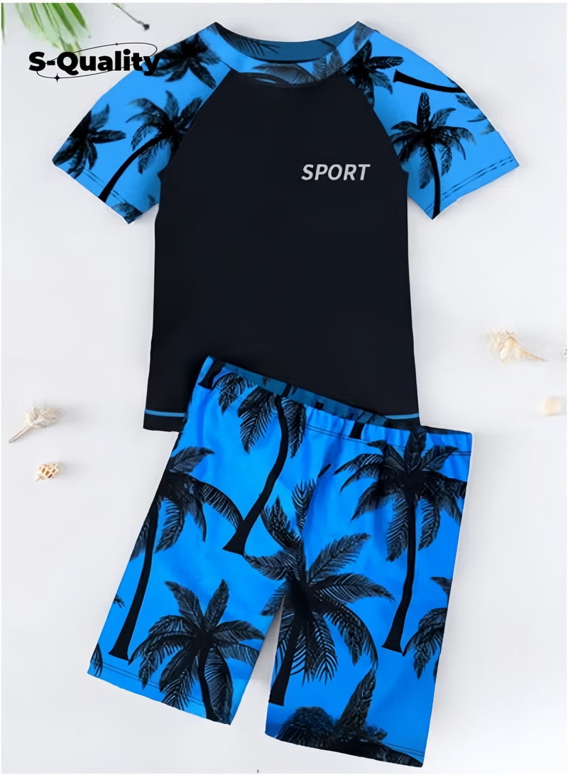 جودة مجموعة ملابس سباحة للأولاد مكونة من قطعتين تتضمن شورتات سباحة وتيشيرت قصير الأكمام مناسبة للأطفال الصغار سريعة الجفاف ملابس سباحة للتدريب مناسبة للشاطئ وفصل الصيف - Image 3