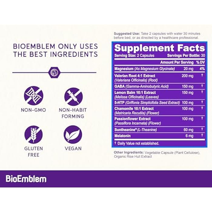 BioEmblem Natural Sleep Aid for Adults with Melatonin, Valerian Root, Suntheanine & More | Healthy Sleep Supplement | Herbal Sleeping Pills | 60 Capsules, 2 Pack - Image 3