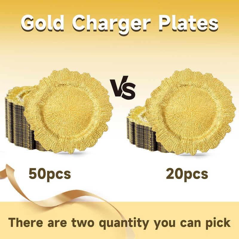 ejonirinjonir EI 50pcs Gold Charger Plates,13 Inch Charger Plates Bulk,Round Ruffled Rim Chargers for Dinner Plate,Table Chargers for Wedding,Party - Image 3