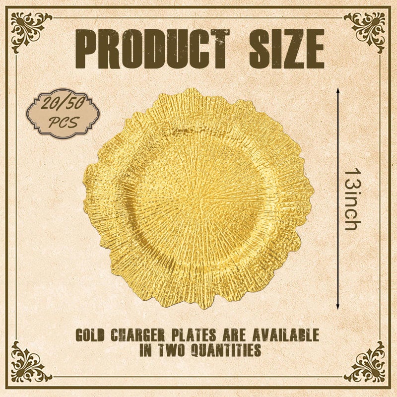 ejonirinjonir EI 50pcs Gold Charger Plates,13 Inch Charger Plates Bulk,Round Ruffled Rim Chargers for Dinner Plate,Table Chargers for Wedding,Party - Image 2