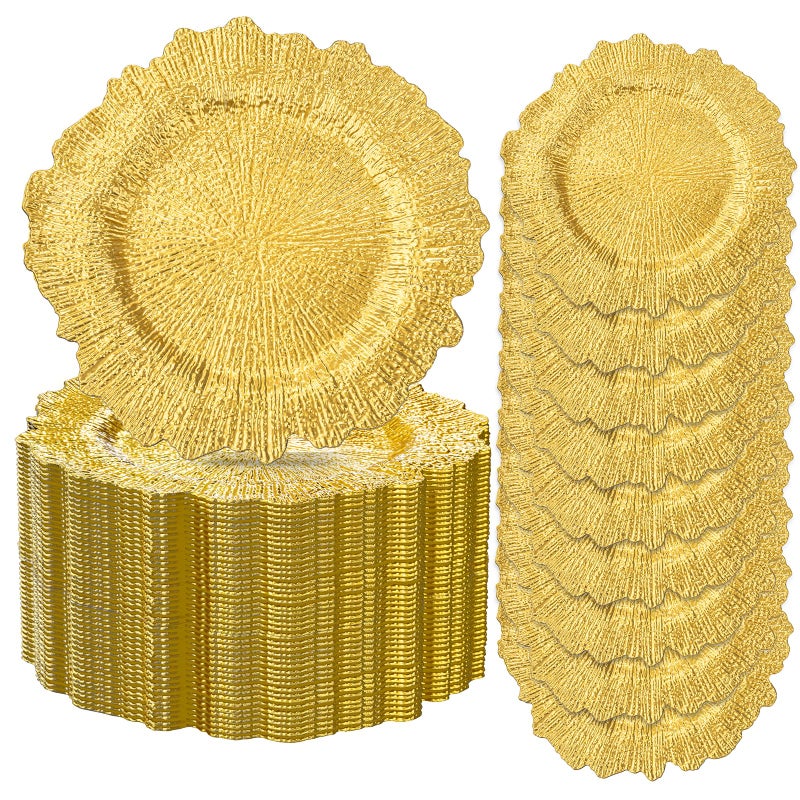 ejonirinjonir EI 50pcs Gold Charger Plates,13 Inch Charger Plates Bulk,Round Ruffled Rim Chargers for Dinner Plate,Table Chargers for Wedding,Party - Image 1