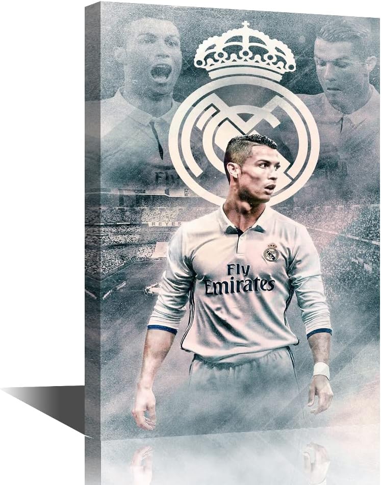 تيشيرون ملصق فن قماش CR7 ديكور حائط صور رياضي برتغالي محترف طباعة منزلية لغرفة النوم وغرفة المعيشة والنادي والصالة ملصقات مشدودة ومؤطرة جاهزة للتعليق - 18 عرض × 12 ارتفاع بوصة - Image 1