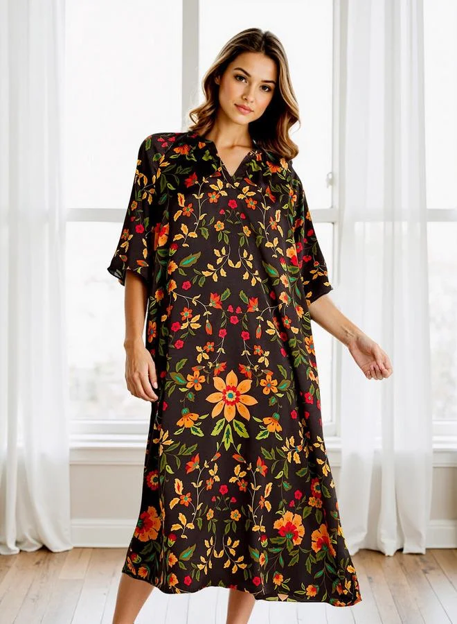 Splash FAV Printed Night Dress with Collar and 3/4 Sleeves