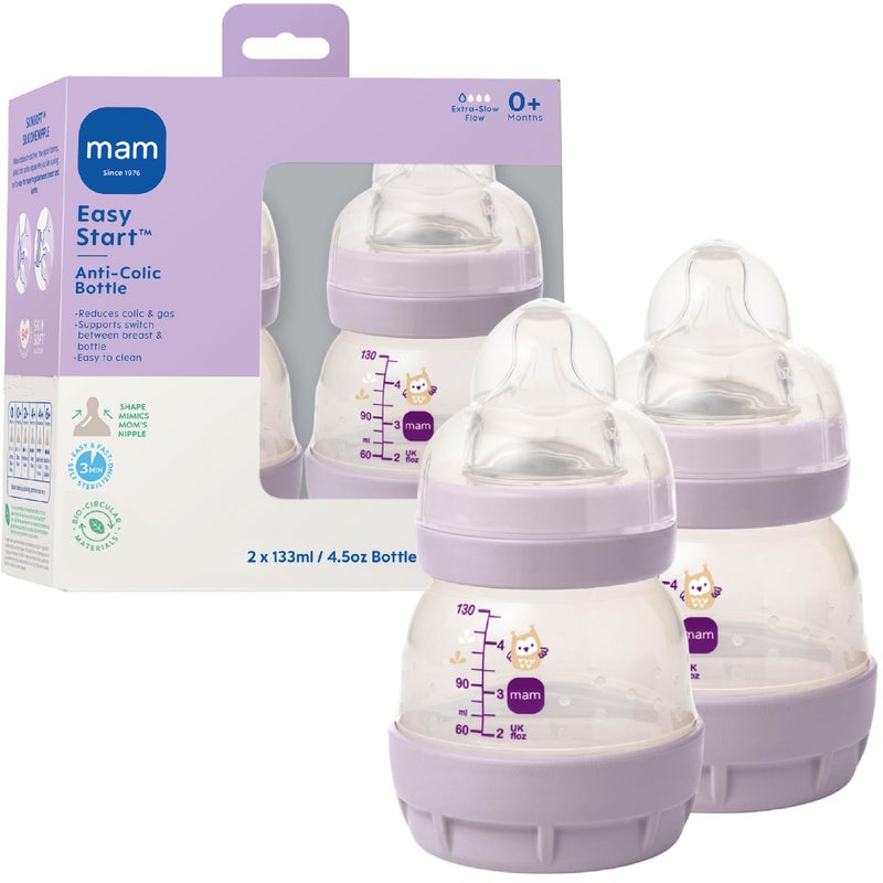 MAM 4.5oz Easy Start Anti-Colic Wide Neck Vented Baby Bottle, Extra Slow Flow Breastfeeding-Like Silicone Nipple, Reduces Colic, Gas & Reflux, Easy to Clean, BPA Free, 0+ Months, Made in Europe - Image 1