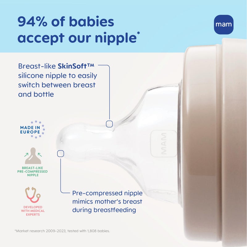 MAM 4.5oz Easy Start Anti-Colic Wide Neck Vented Baby Bottle, Extra Slow Flow Breastfeeding-Like Silicone Nipple, Reduces Colic, Gas & Reflux, Easy to Clean, BPA Free, 0+ Months, Made in Europe - Image 4