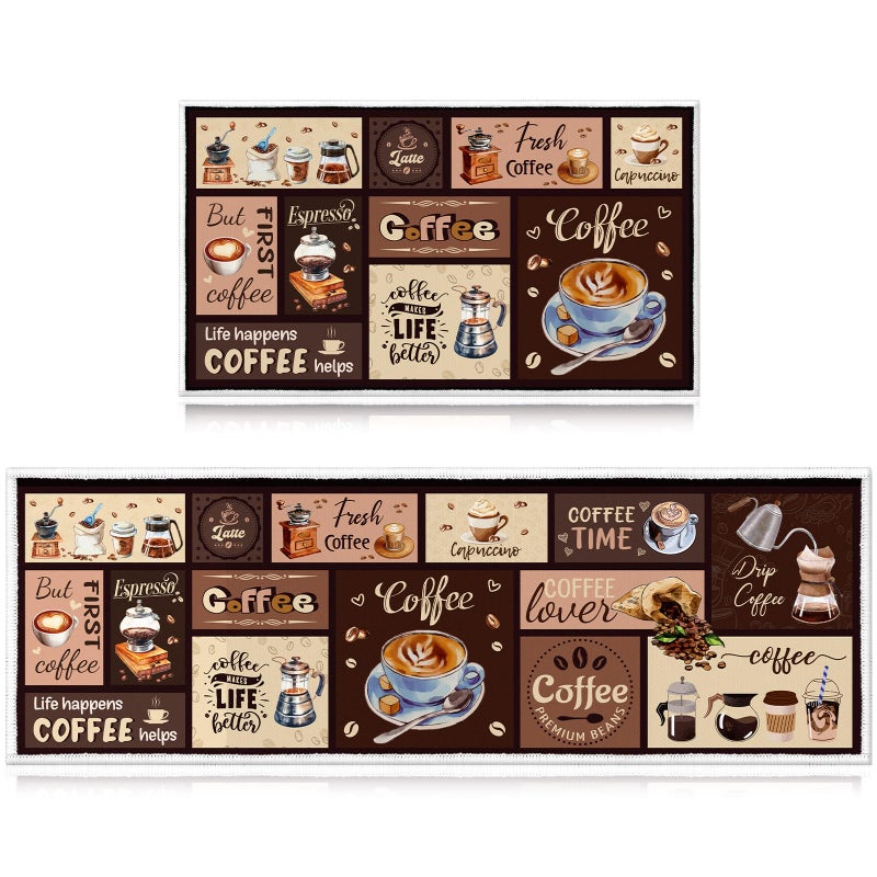InIsaJace Coffee Kitchen Mats for Floor Rugs for Kitchen Floor Fatigue Mat 2 Piece Set Kitchen Absorbent and Washable Runner Rugs Farmhouse Style Non Slip Kitchen Rug, 15x27+15x47 Inch - Image 1