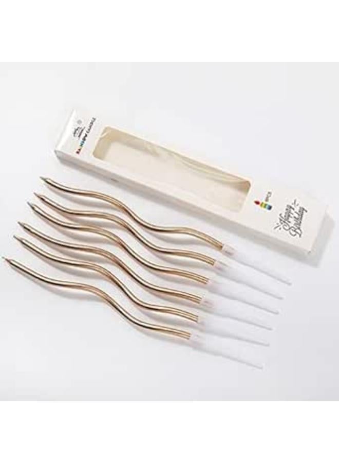 سمارت مجموعة 6 قطع من شموع عيد الميلاد الملتوية شموع معدنية مجعدة مع حاملات شموع كعكة كب كيك إبداعية طويلة ورفيعة وشموع عيد ميلاد للأطفال، تزيين الكيك (الشمبانيا)