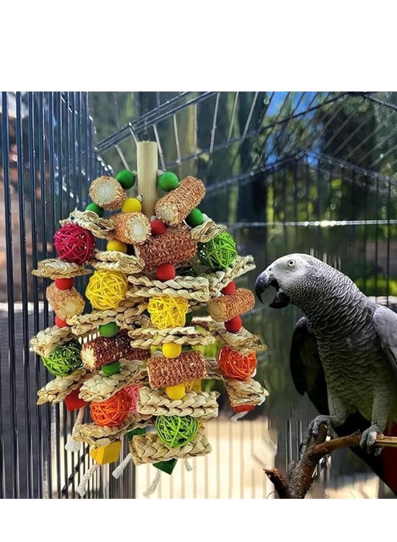 Medium Large Parrot Chewing Toy, Natural Corncob Rattan Hanging Bird Cage Toy, Beak Grinding Biting Toy for African Grey, Macaw, Cockatoo, Amazon Parrot, Bird Entertainment Accessories - Image 3