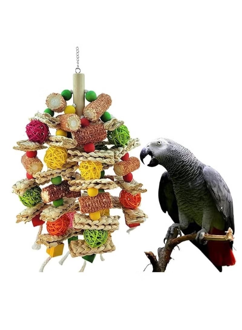 Medium Large Parrot Chewing Toy, Natural Corncob Rattan Hanging Bird Cage Toy, Beak Grinding Biting Toy for African Grey, Macaw, Cockatoo, Amazon Parrot, Bird Entertainment Accessories - Image 1