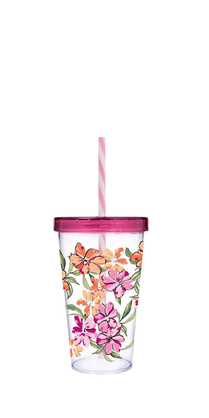Herevin 660Ml Polypropylene  Decorated Tumbler With Straw - Clear Cup With Colorful Flowers Design And Violet Lid - Image 1
