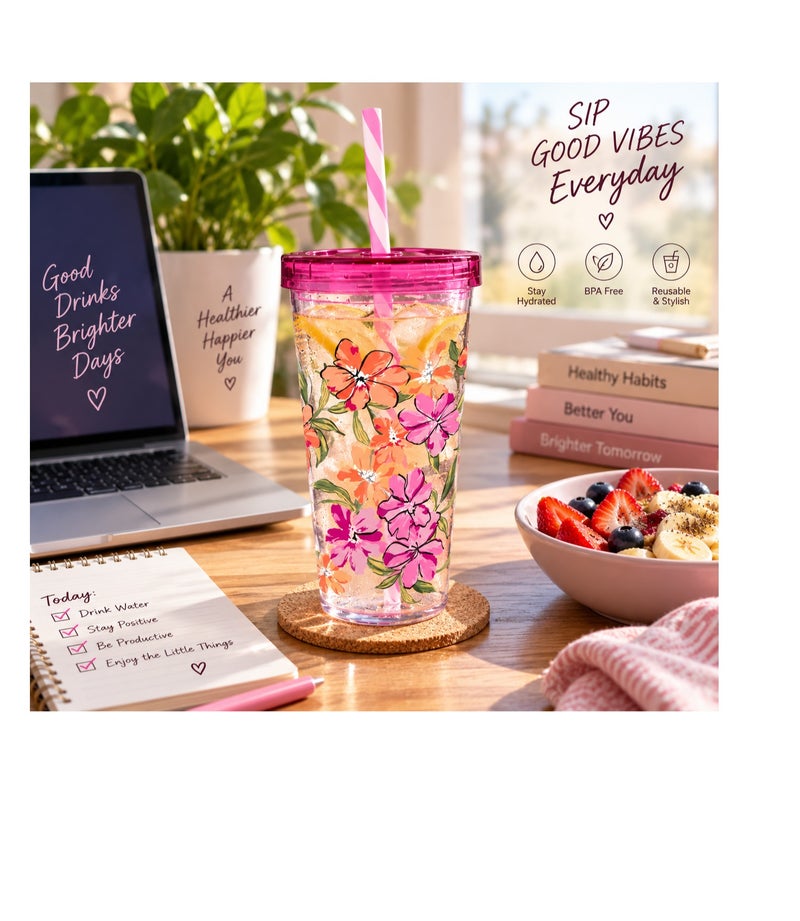 Herevin 660Ml Polypropylene  Decorated Tumbler With Straw - Clear Cup With Colorful Flowers Design And Violet Lid - Image 2
