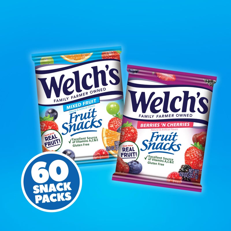 Welch's Fruit Snacks, Mixed Fruit & Berries 'N Cherries Variety Pack, Great for School Lunches, Bulk Pack, Stocking Stuffers, Individual Single Serve Bags, 0.8 oz (Pack of 60) - Image 2