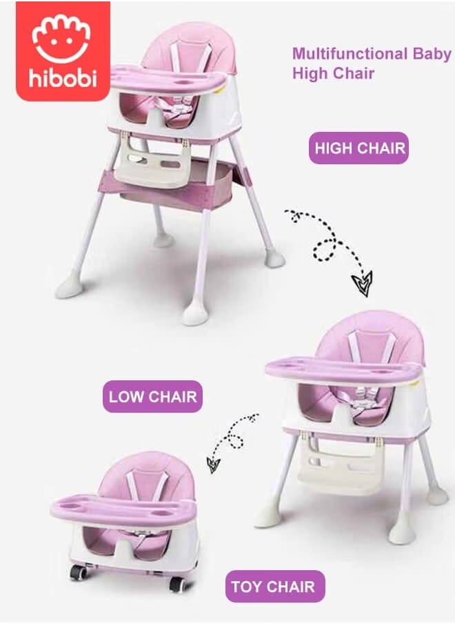 hibobi Multi-Functional Baby High Chair, Removable Seat & Tray For Easy Clean, Adjustable Height Baby High Chair With Dining Tray, Baby Dining Chair For Babies And Toddlers (Pink)  - Image 3