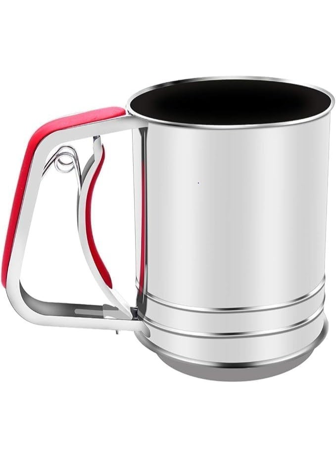 zoba Stainless steel flour and sugar sieve with two layers - with a one-hand silicone squeeze handle (red color) - Image 1